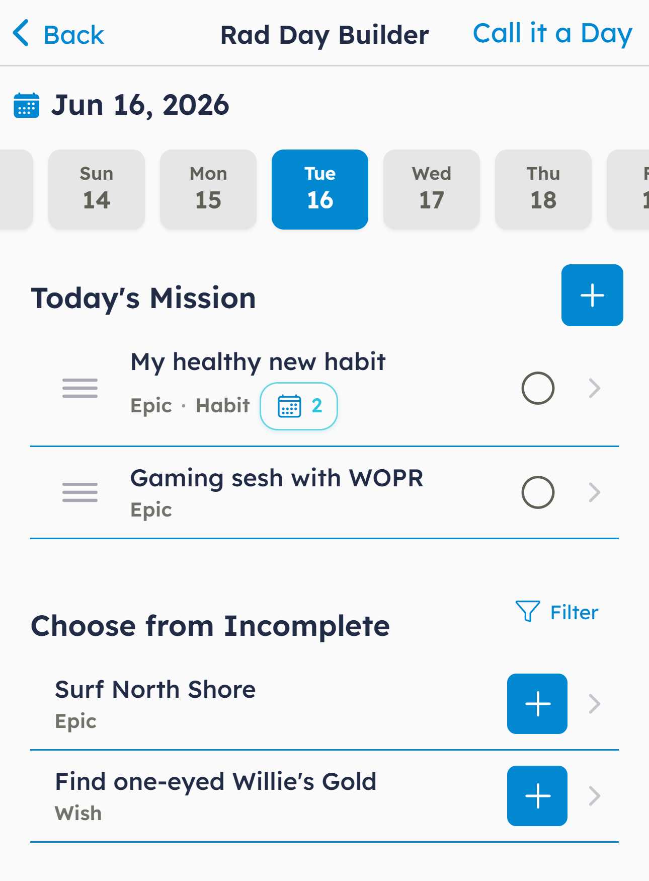 Phone mockup. Build Day view with goal list and type badges
