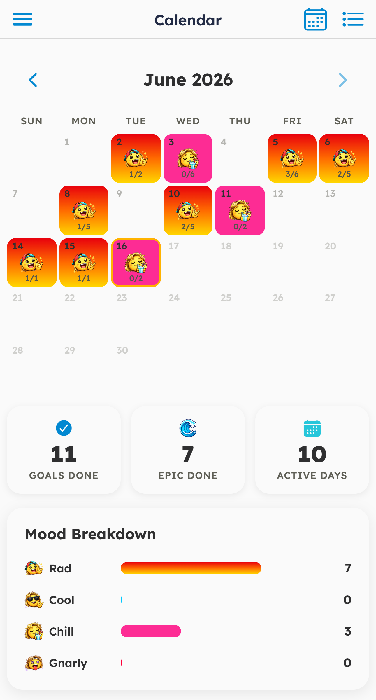 Phone mockup. Calendar view with mood colors and goal completion dots