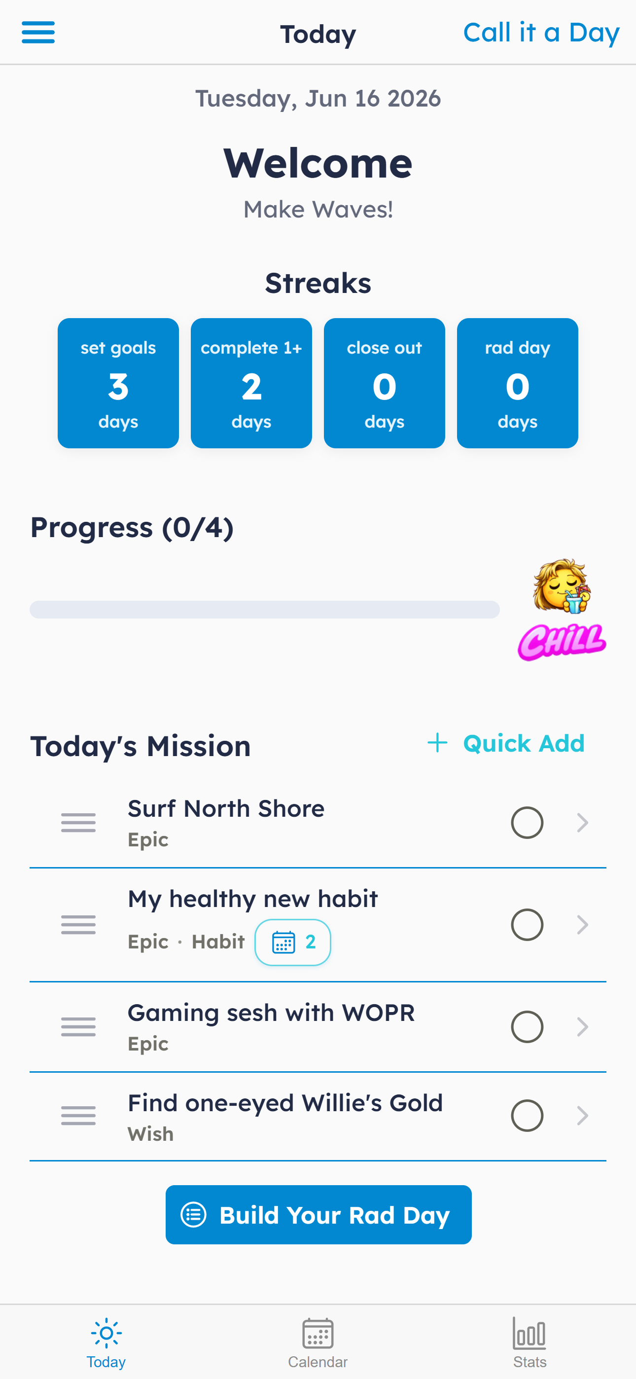 Phone mockup. Day view with goals & mood